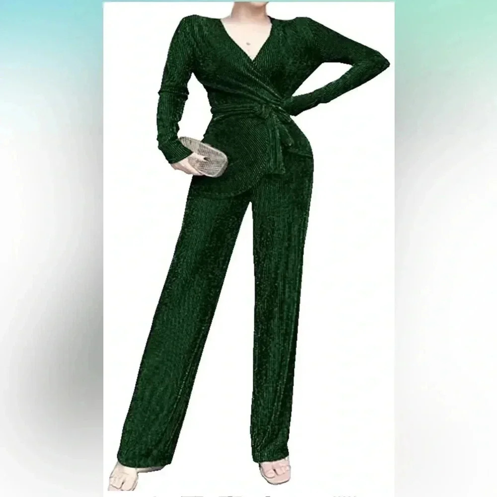2 Piece Outfit for Women Deep V neck with Belt and Loose Pants Party, NEW, S